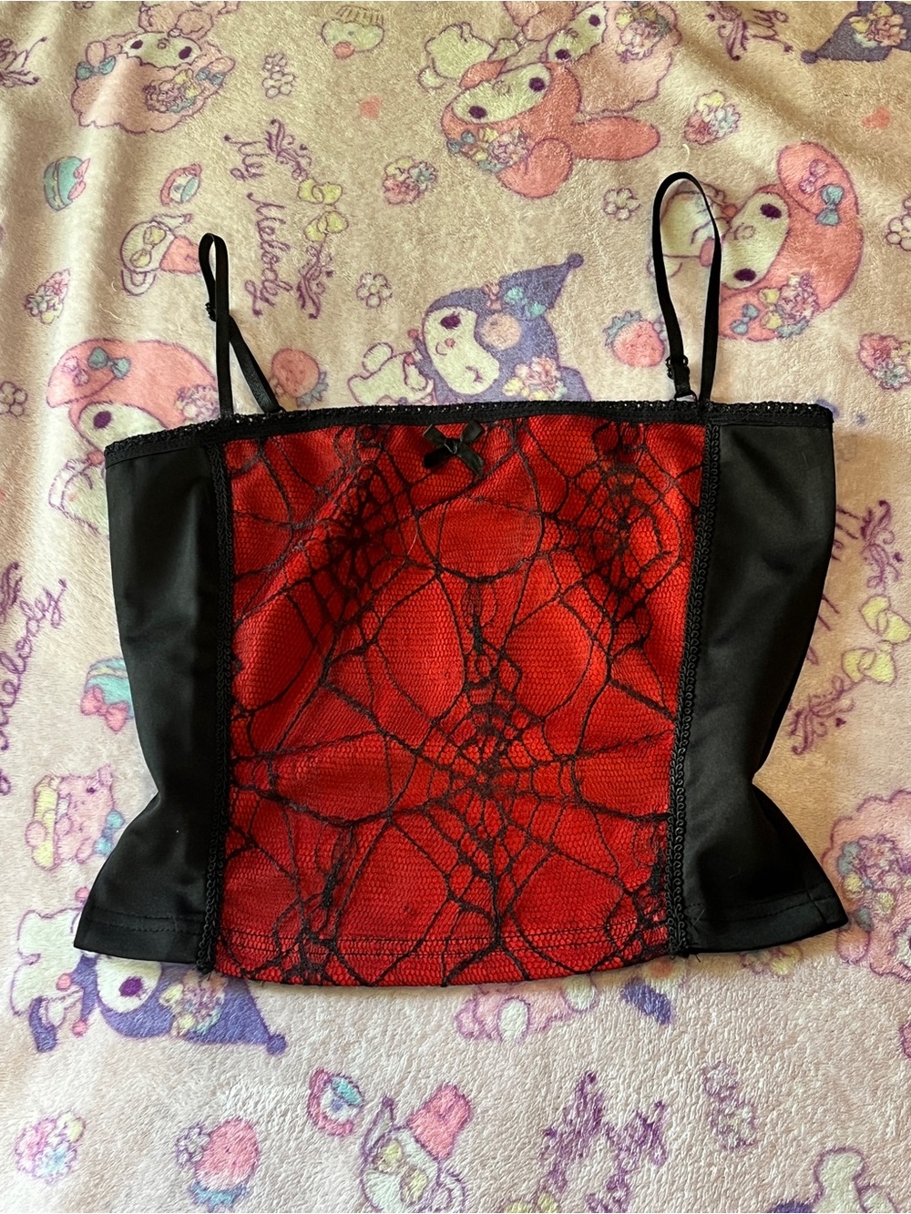 Red and Black Spiderweb Lace Crop Top - S
